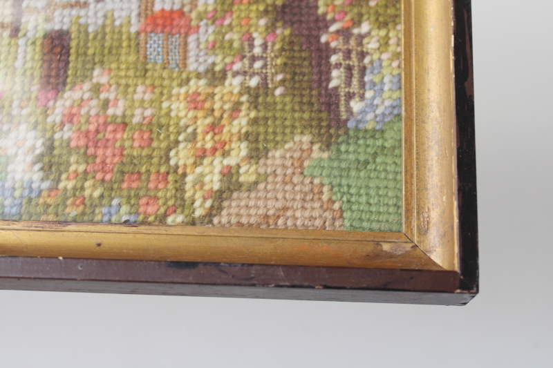 photo of 1940s vintage needlepoint picture cottage w/ flower garden scene in wood frame  #6