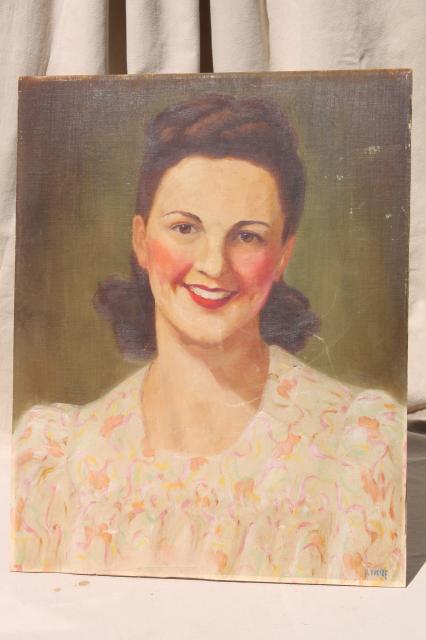 photo of 1940s vintage original oil painting portrait beautiful girl w/ flowered dress & happy smile #1