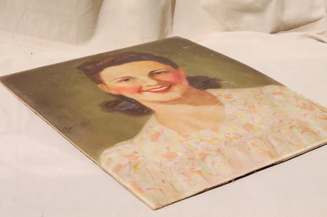 photo of 1940s vintage original oil painting portrait beautiful girl w/ flowered dress & happy smile #2