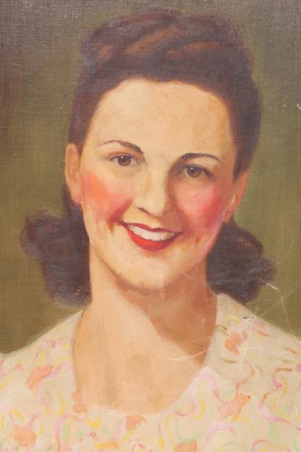 photo of 1940s vintage original oil painting portrait beautiful girl w/ flowered dress & happy smile #5