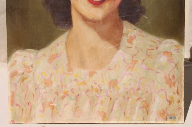 photo of 1940s vintage original oil painting portrait beautiful girl w/ flowered dress & happy smile #6