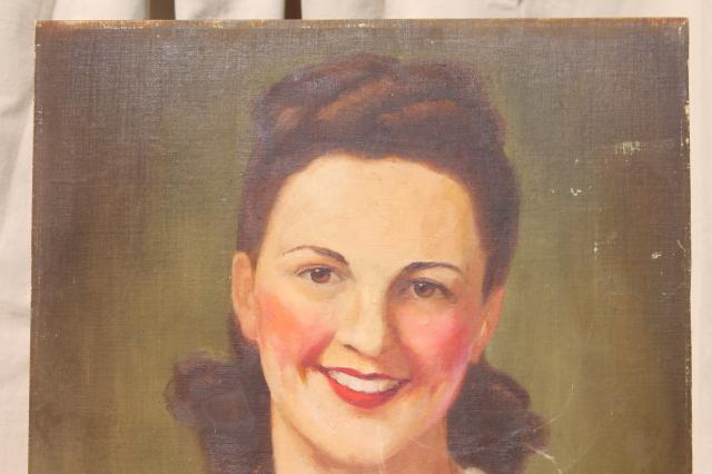 photo of 1940s vintage original oil painting portrait beautiful girl w/ flowered dress & happy smile #7