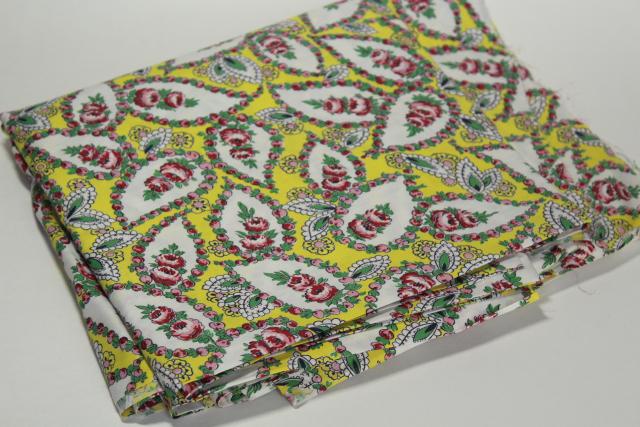 photo of 1940s vintage paisley print cotton fabric, bright yellow w/ pink roses #2