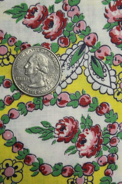 photo of 1940s vintage paisley print cotton fabric, bright yellow w/ pink roses #3