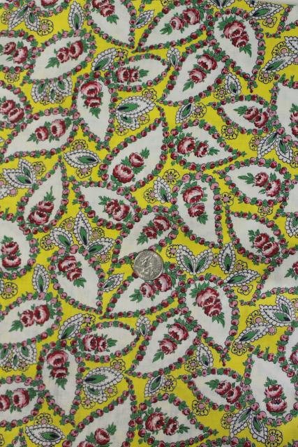 photo of 1940s vintage paisley print cotton fabric, bright yellow w/ pink roses #4