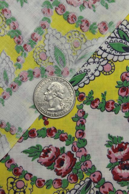 photo of 1940s vintage paisley print cotton fabric, bright yellow w/ pink roses #5