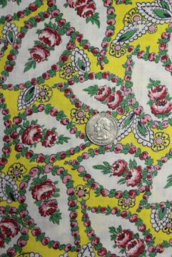 catalog photo of 1940s vintage paisley print cotton fabric, bright yellow w/ pink roses