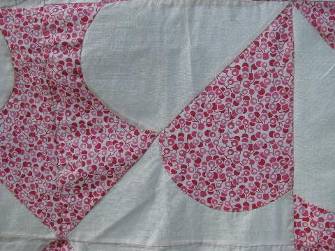 photo of 1940s vintage patchwork quilt top, old cotton prints, pink w/ cherries #4