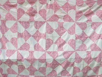 catalog photo of 1940s vintage patchwork quilt top, old cotton prints, pink w/ cherries