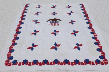 catalog photo of 1940s vintage patriotic American eagle quilt, red white blue cotton hand stitched applique quilt
