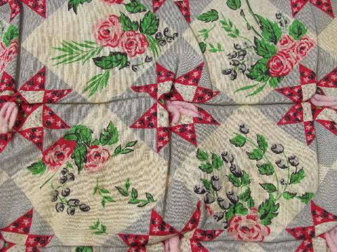 photo of 1940's vintage pieced patchwork print cotton comforter, hand-tied quilt #3
