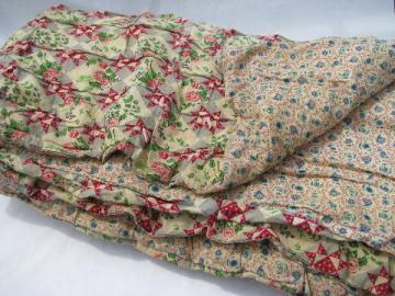 catalog photo of 1940's vintage pieced patchwork print cotton comforter, hand-tied quilt