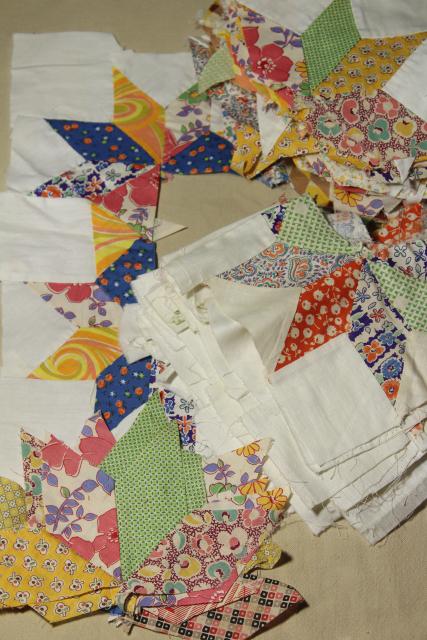 photo of 1940s vintage pieced star patchwork quilt blocks, great old prints & unbleached cotton fabric #1