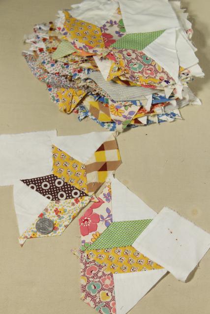 photo of 1940s vintage pieced star patchwork quilt blocks, great old prints & unbleached cotton fabric #2