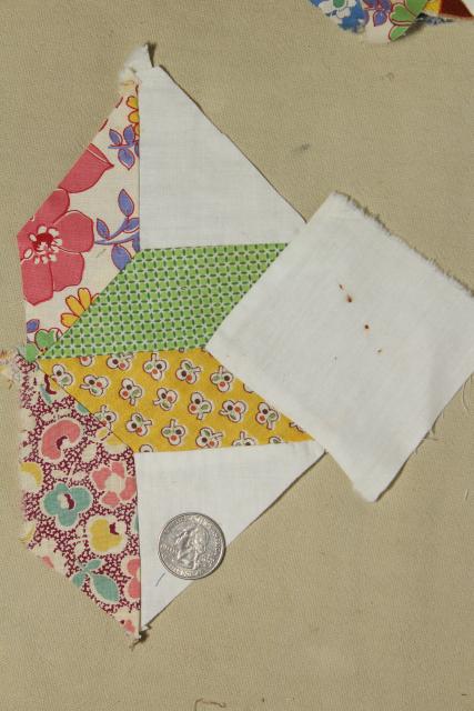 photo of 1940s vintage pieced star patchwork quilt blocks, great old prints & unbleached cotton fabric #3