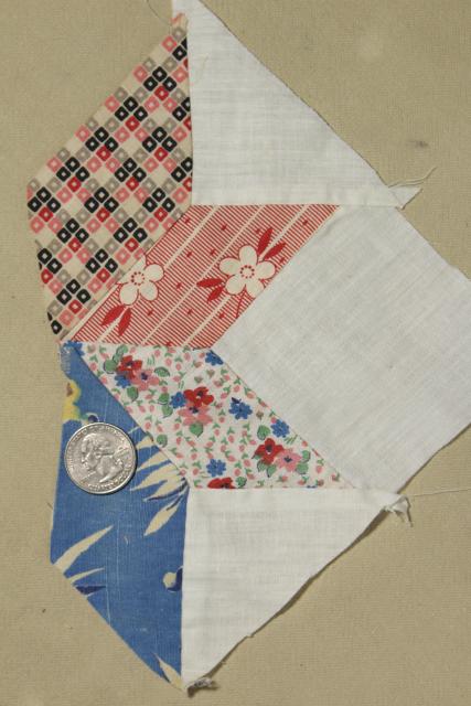 photo of 1940s vintage pieced star patchwork quilt blocks, great old prints & unbleached cotton fabric #5