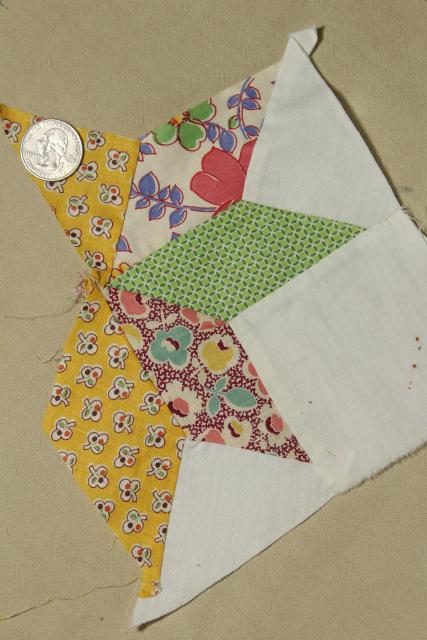 photo of 1940s vintage pieced star patchwork quilt blocks, great old prints & unbleached cotton fabric #6