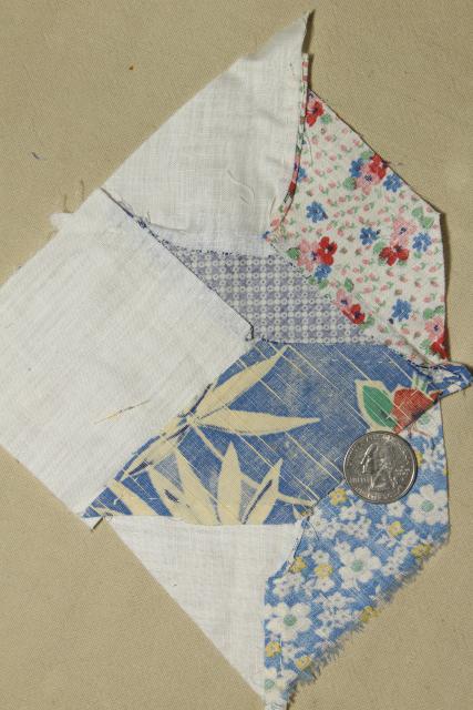 photo of 1940s vintage pieced star patchwork quilt blocks, great old prints & unbleached cotton fabric #7