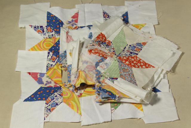 photo of 1940s vintage pieced star patchwork quilt blocks, great old prints & unbleached cotton fabric #8