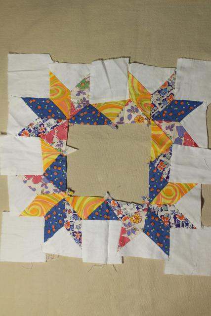 photo of 1940s vintage pieced star patchwork quilt blocks, great old prints & unbleached cotton fabric #9