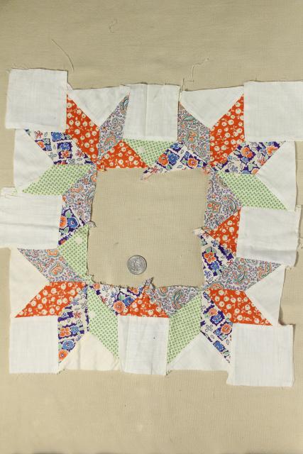 photo of 1940s vintage pieced star patchwork quilt blocks, great old prints & unbleached cotton fabric #12