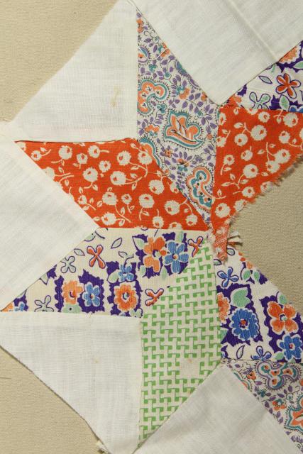 photo of 1940s vintage pieced star patchwork quilt blocks, great old prints & unbleached cotton fabric #13