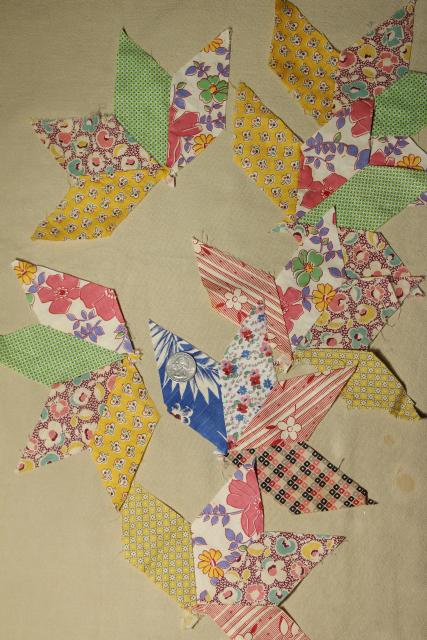 photo of 1940s vintage pieced star patchwork quilt blocks, great old prints & unbleached cotton fabric #14