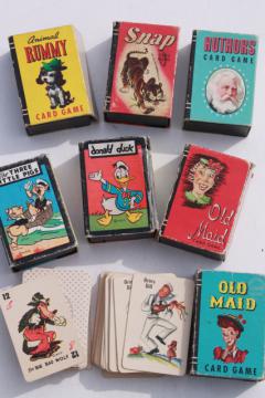 catalog photo of 1940s vintage playing cards, mini card games w/ Donald Duck, Animal Rummy, Snap etc.