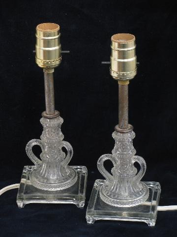 photo of 1940s vintage pressed glass boudoir lamps, pair vanity table lights #1