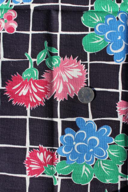 photo of 1940s vintage print cotton feed sack fabric, flowers on midnight blue black #1