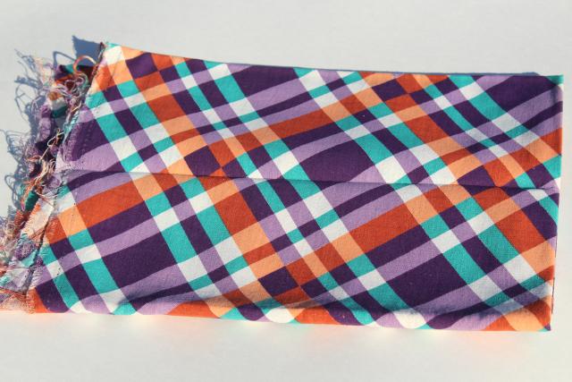 photo of 1940s vintage print cotton plaid feed sack fabric, purple / orange / green #3