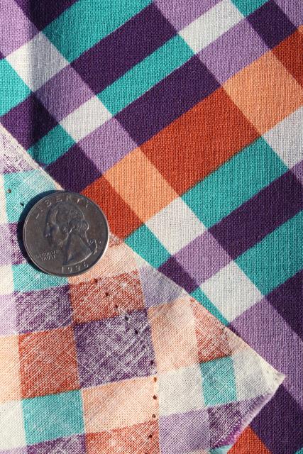photo of 1940s vintage print cotton plaid feed sack fabric, purple / orange / green #4