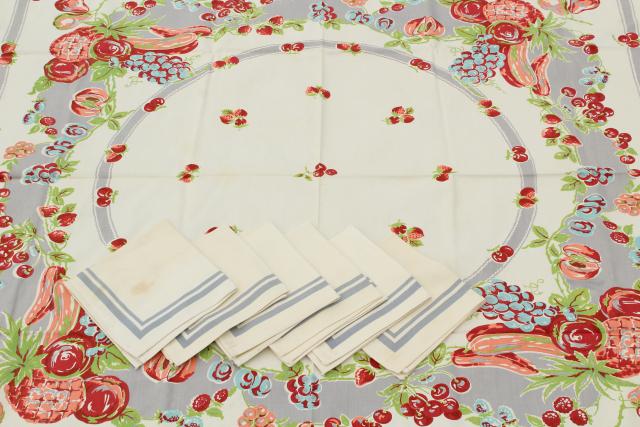 photo of 1940s vintage printed cotton kitchen tablecloth & napkins, Wilendur fruit print #1