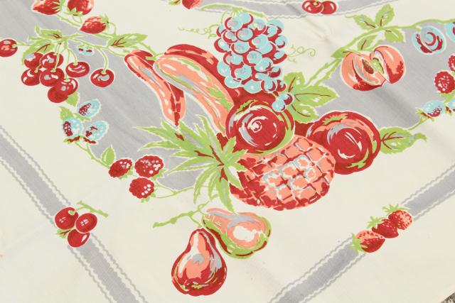 photo of 1940s vintage printed cotton kitchen tablecloth & napkins, Wilendur fruit print #8