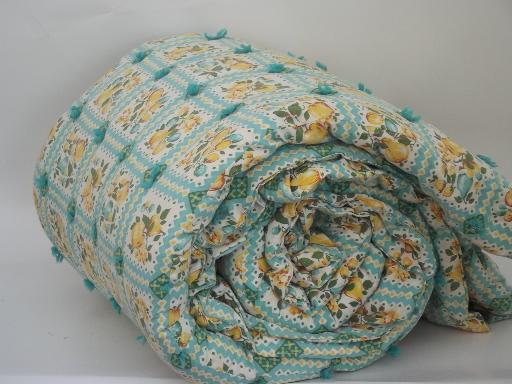 photo of 1940s vintage puffy wool comforter, aqua and yellow fruit print cotton duvet #1