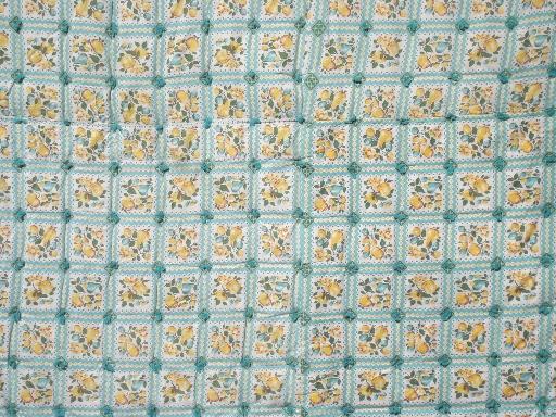 photo of 1940s vintage puffy wool comforter, aqua and yellow fruit print cotton duvet #2