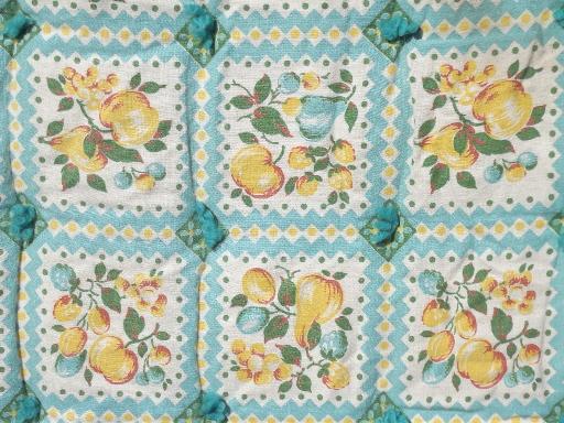 photo of 1940s vintage puffy wool comforter, aqua and yellow fruit print cotton duvet #3