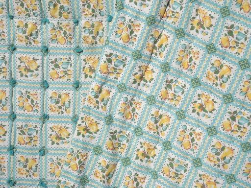 photo of 1940s vintage puffy wool comforter, aqua and yellow fruit print cotton duvet #4