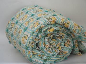 catalog photo of 1940s vintage puffy wool comforter, aqua and yellow fruit print cotton duvet