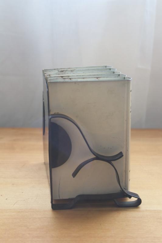 photo of 1940s vintage recipe card holder file box, shelf of little metal 'cookbooks' #11