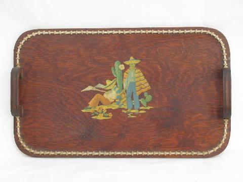 photo of 1940s vintage rope edged wood serving tray, Mexican cactus theme decal #1