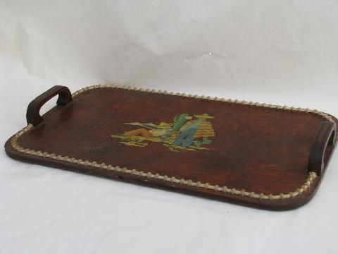 photo of 1940s vintage rope edged wood serving tray, Mexican cactus theme decal #2