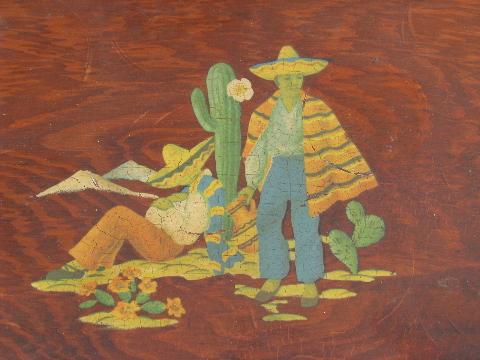 photo of 1940s vintage rope edged wood serving tray, Mexican cactus theme decal #3