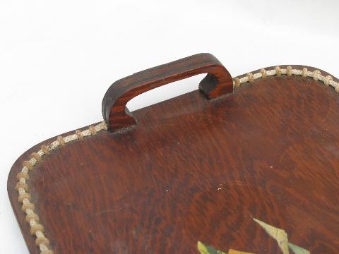 photo of 1940s vintage rope edged wood serving tray, Mexican cactus theme decal #4