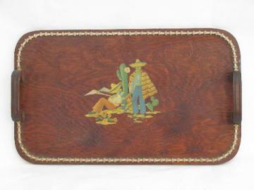 catalog photo of 1940s vintage rope edged wood serving tray, Mexican cactus theme decal