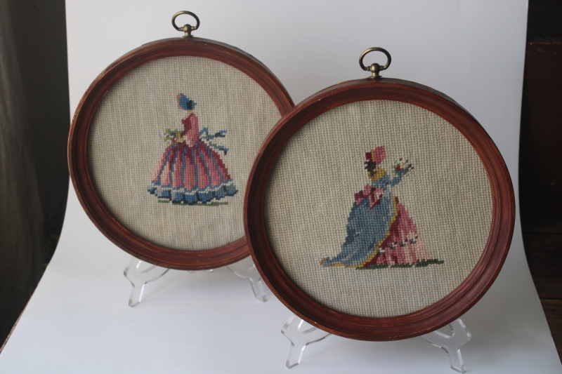 photo of 1940s vintage round framed needlepoint pictures, Victorian Godey girls full skirted gowns bonnets  #1