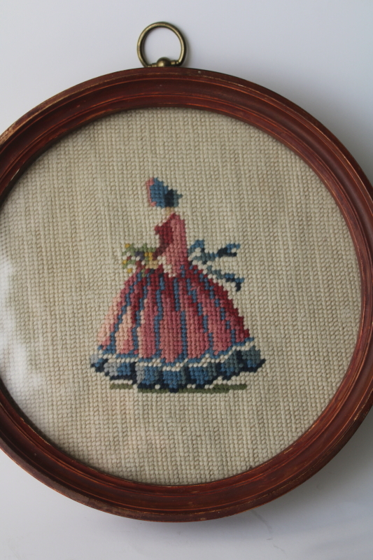 photo of 1940s vintage round framed needlepoint pictures, Victorian Godey girls full skirted gowns bonnets  #3