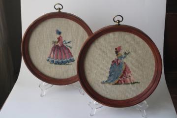 1940s vintage round framed needlepoint pictures, Victorian Godey girls full skirted gowns bonnets 