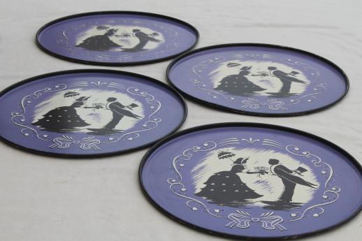 photo of 1940s vintage round metal serving trays, silhouettes print in black on lavender #2