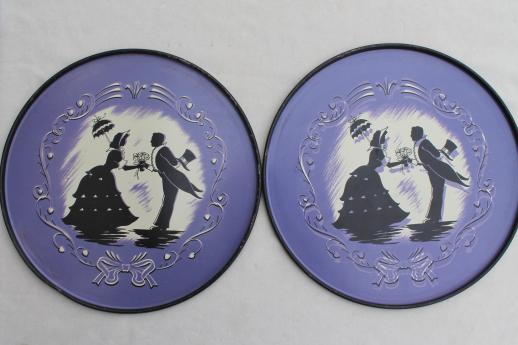 photo of 1940s vintage round metal serving trays, silhouettes print in black on lavender #4